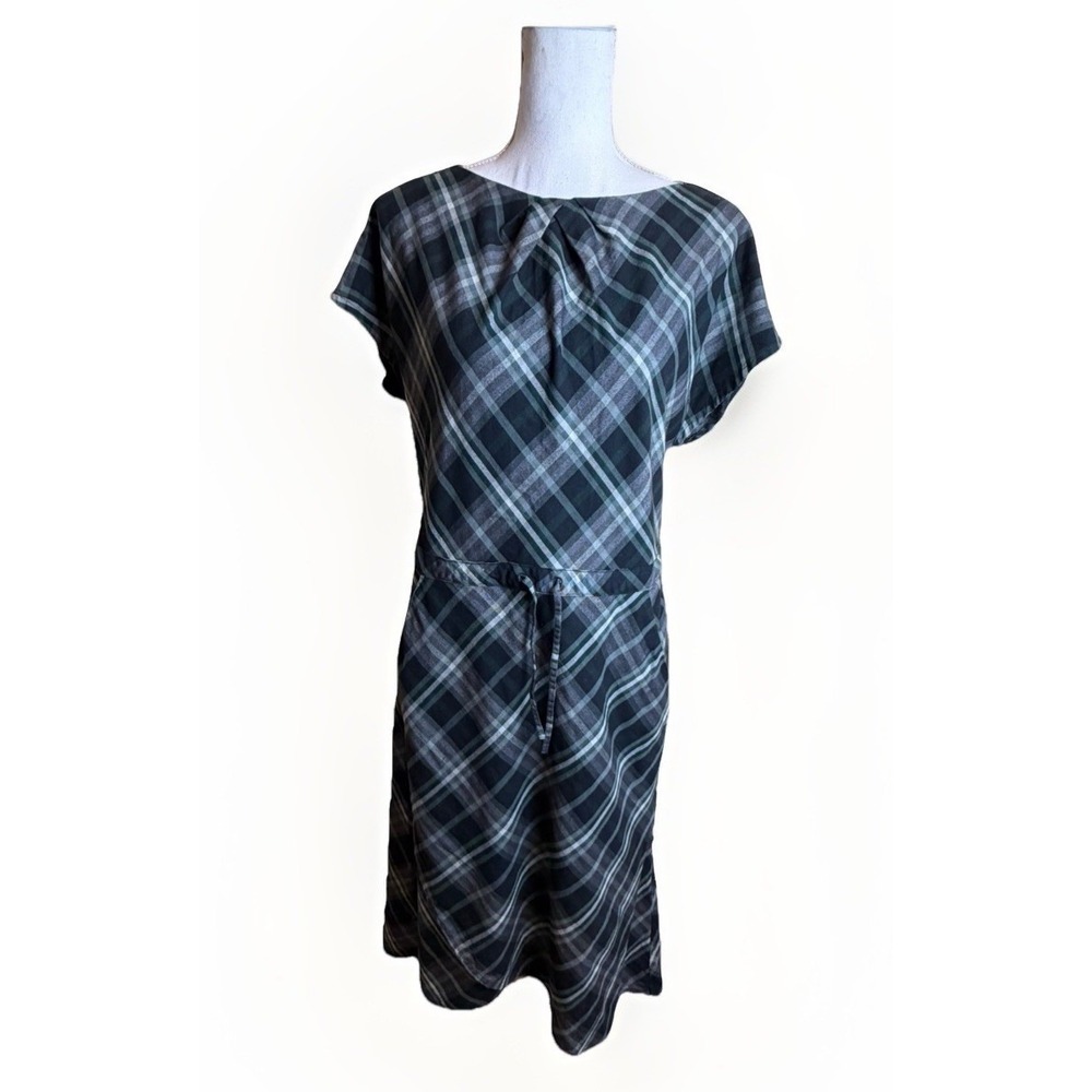 Patagonia San Benito Women 10 Gray Green Plaid Drawstring Waist Midi Dress